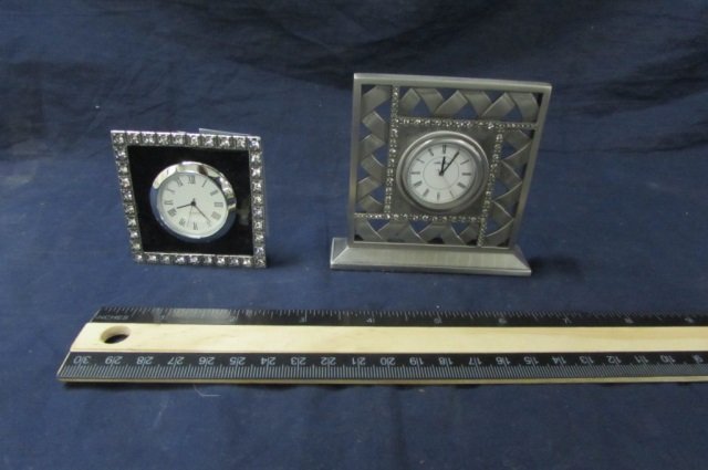 2 DESK TOP CLOCKS BATTERY OPERATED- RHINESTONE: BATTERY OPERATED- RHINESTONE EMBELLISHED,BOTH ARE QUARTZ