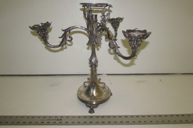 SILVER PLATE FOOTED CANDELABRA HOLDS 3 OR FOUR CANDLES,: HOLDS 3 OR FOUR CANDLES, 18 INCHES TALL, ELABORATE DESIGN