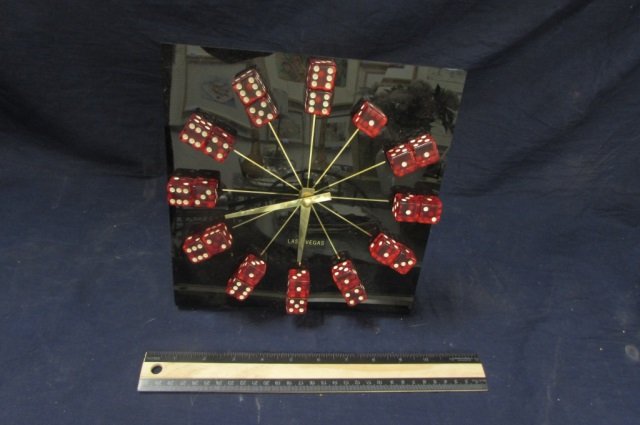 DESK TOP CLOCK WITH RED DICE CLOCK FACE LAS VEGAS: LAS VEGAS THEME, 9 1/2 x 9 1/2 INCHES
