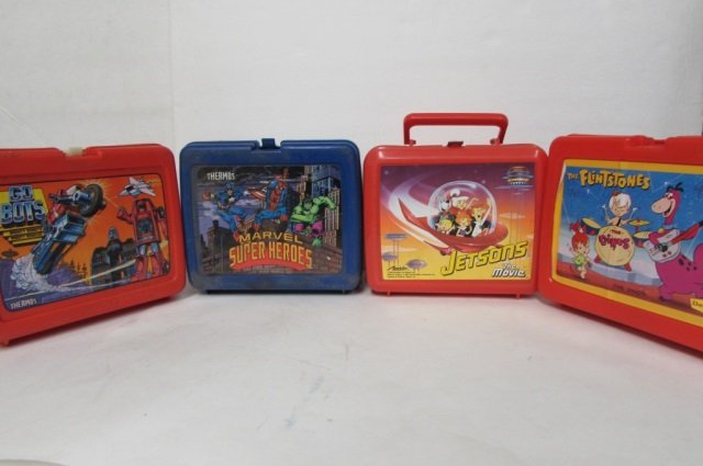 4 VINTAGE LUNCH BOXES FLINSTONES & JETSONS &: FLINSTONES & JETSONS & SUPERHEROES INCLUDE THERMOS, GO BOTS NO THERMOS INCLUDED