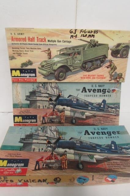 PLASTIC AIRCRAFT MODEL KITS (3): 2 TBF AVENGER TORPEDO BOMBER & GI FIGURES M-1 120MM ANTI-AIRCRAFT GUN