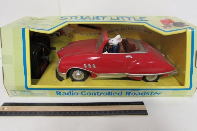 STUART LITTLE RADIO-CONTROLLED ROADSTER: ORIGINAL PACKAGING, 7-FUNCTION REMOTE CONTROL, LOW AND HIGH GEARS, 12 1/4 INCHES LONG, 27 AND 49 MHZ