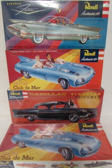 REVELL AUTHENTIC PLASTIC MODEL KITS (4): CADILLAC ELDORADO BROUGHAM, LINCOLN FUTURA, 2 PONTIAC CLUB DE MER