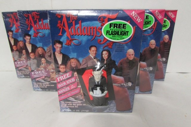 1991 THE ADDAMS FAMILY CEREAL (6): IN ORIGINAL BOXES WITH PLASTIC WRAP, HAS ADDAMS FAMILY PORTRAIT ON BACK, REUSABLE COLLECTIBLE FLASHLIGHT