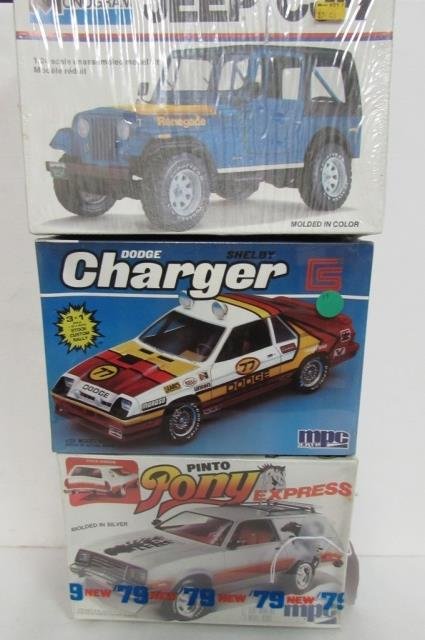 PLASTIC CAR MODEL KITS (3): ALL IN ORIGINAL PACKAGING, PINTO PONY EXPRESSS, SHELBY DODGE CHARGER, JEEP CJ-7