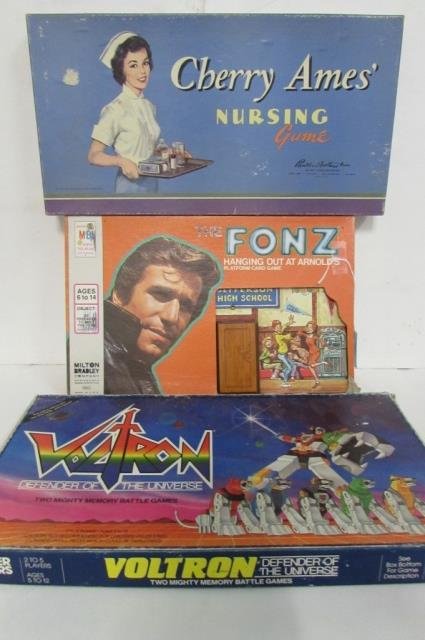 3 VINTAGE CARD & BOARD GAMES: THE FONZ CARD GAME, CHERRY AME'S NURSING GAME, & VOLRON MEMORY BATTLE GAME