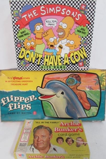 3 VINTAGE CARD AND BOARD GAMES: ARCHIE BUNKER'S CARD GAME, THE SIMPSONS DICE GAME, & FLIPPER FLIPS GAME