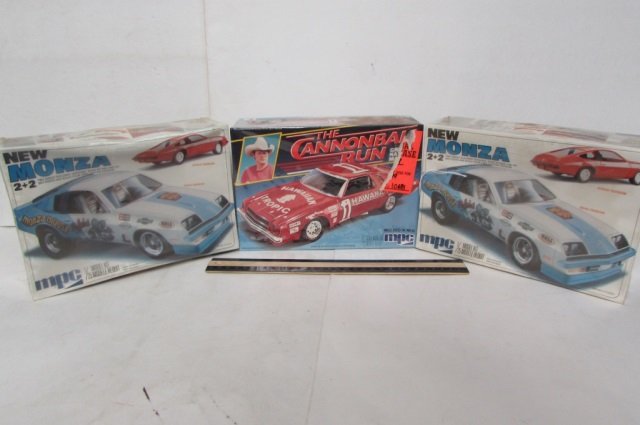 PLASTIC CAR MODEL KITS (3): ALL IN ORIGINAL PACKAGING, 2 MONZAS & A CANNONBALL RUN GRAND NATIONAL MALIBU