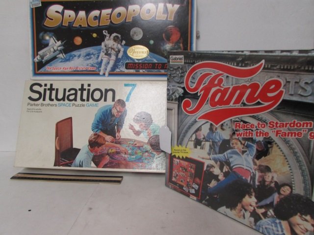 3 VINTAGE BOARD GAMES: FAME GAME (IN ORIGINAL PACKAGING), SPACEOPOLY THE SPACE-AGE REAL ESTATE GAME, & SITUATION 7 PARKER BROTHERS SPACE PUZZLE GAME