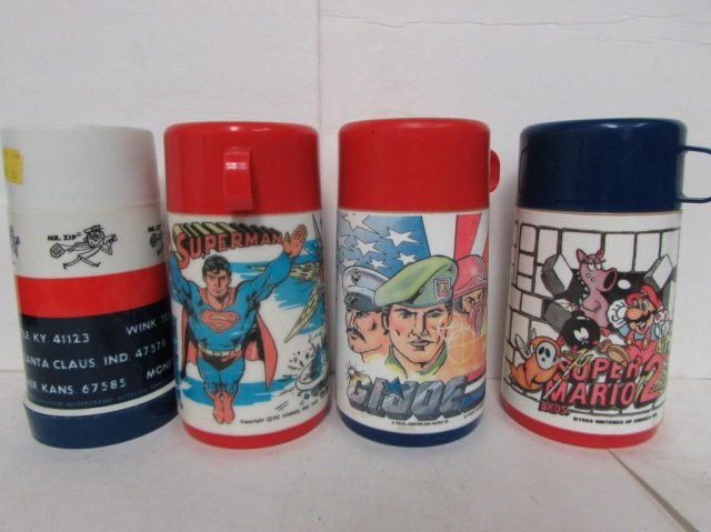 4 VINTAGE PLASTIC THERMOS BOTTLES: 1978 SUPERMAN, 1989 SUPER MARIO BROS. 2, 1987 GI JOE, & MR. ZIP THERMOS'S