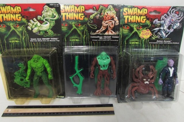 3 SWAMP THING FIGURES: ALL ARE IN ORIGINAL PACKAGING, ANTON ARCANE, SANARE ARE SWAMP THING, & CAMOUFLAGE SWAMP THING FIGURES