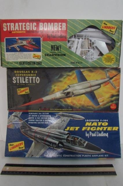 3 PLASTIC AIRCRAFT MODEL KITS: LOCKHEED F-104 NATO JET FIGHTER, DOUGLAS X-3 SUPERSONIC STILETTO, & CONVAIR STRATEGIC BOMBER