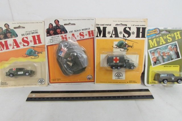 MASH DIE CAST METAL CARS (4): ALL ARE IN ORIGINAL PACKAGING, 1976-81, MADE IN HONG KONG
