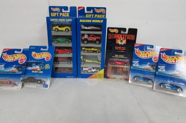 HOT WHEELS COLLECTIBLE CARS (5): ALL ARE IN ORIGINAL PACKAGING, 3 PHANTOM RACER SERIES, TALBOT LAGO, DEMOLITION MAN, SUPER SHOW CARS, & RACING WORLD