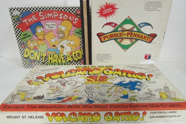 3 VINTAGE BOARD GAMES: VOLCANO GAME, THE SIMPSONS DONT HAVE A COW DICE GAME, & PERSUE THE PENNANT