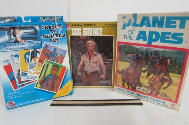 2 JIGSAW PUZZLES & CRAYON BY NUMBER SET: DOC SAVAGE JGSAW PUZZLE, PLANET OF THE APES JIGSAW PUZZLE, & TERMINATOR 2 CRAYON BY NUMBER SET