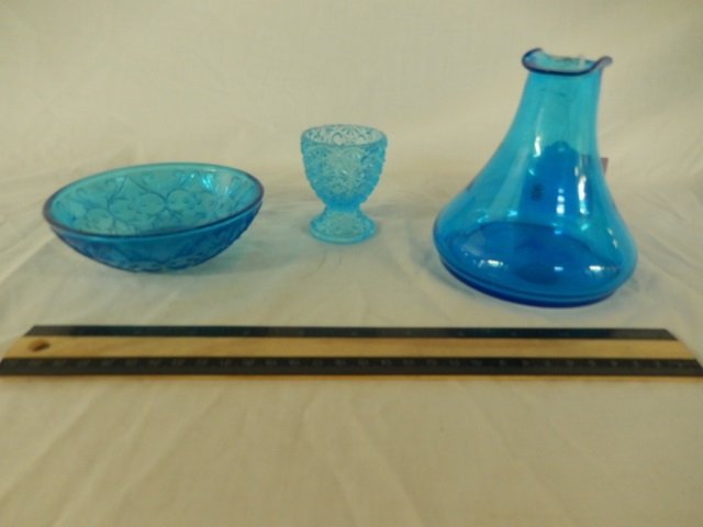 BLUE GLASS DECORATIVE DISHWARE (3) DEPRESSION: DEPRESSION GLASSWARE, BOTTLE IS 5' TALL, EGG HOLDER, & BOWL