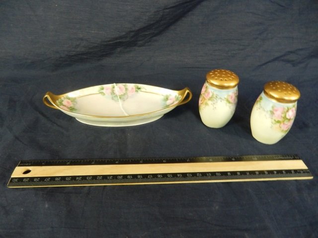 SALT AND PEPPER SHAKERS AND CANDY DISH SALT AND PEPPER: SALT AND PEPPER SHAKERS ARE FLORAL DESIGN & MARKED BAVARIA, CANDY DISH IS MARKED H. PASHBURG ALSO IS FLORAL DESIGN AND HAS GOLD TRIM