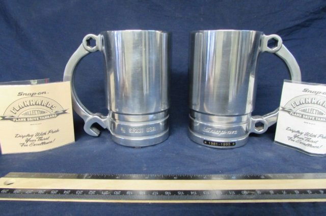 2 SNAP ON ALUMINUM BEER TANKARD (BOX WRENCH) THIS: THIS "FLANKARD" IS A LARGE (5 1/4 x 3 3/8) CAST ALUMINUM REPLICA OF A SNAP-ON FLANK-DRIVE SOCKET, IT USES A BOX WRENCH AS A HANDLE, INCLUDES ORIGINAL BROCHURE
