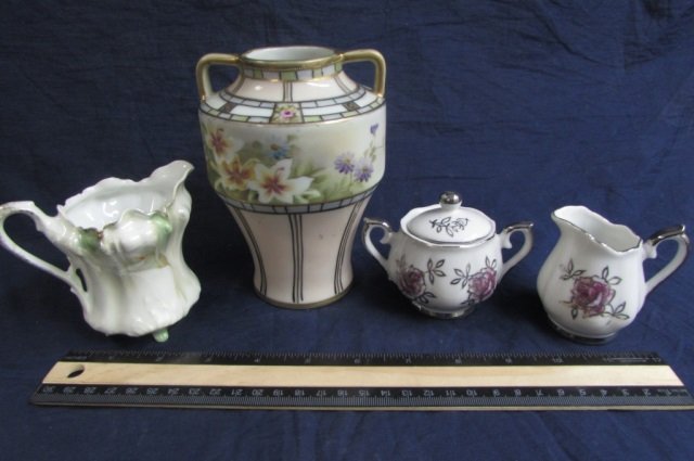 ASSORTED CHINA SERVING PIECES ONE MARCO SUGAR AND: ONE MARCO SUGAR AND CREAMER, ONE RS GERMANY HAND PAINTED CREAMER, ONE 5 1/2"' HAND PAINTED NIPPON VASE