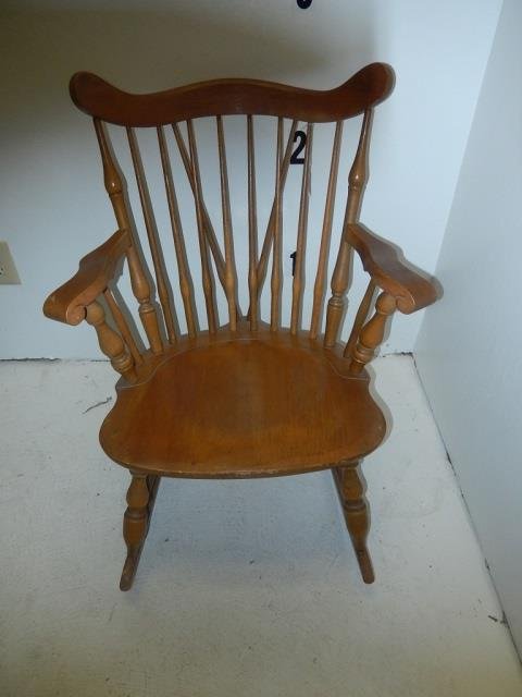 MAPLE ROCKING CHAIR HAS SPINDEL BACK, 35" TALL: HAS SPINDEL BACK, 35" TALL