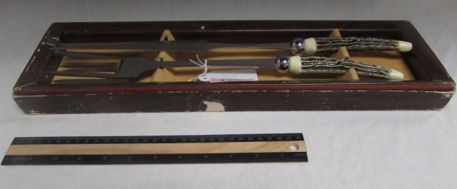 SALEM HOUSE SERVING UTENSILS WITH FAKE HORN LIKE: WITH FAKE HORN LIKE HANDLES COMES IN BOX, 19" LONG
