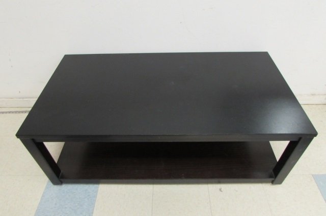 BLACK PAINTED WOOD COFFEE TABLE 2 SHELVES, 50" x 26",: 2 SHELVES, 50" x 26", GOOD CONDITION