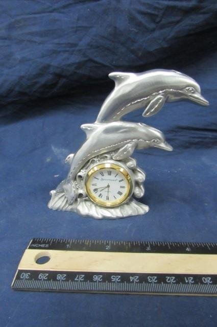 DOLPHIN MOTIF DESK CLOCK SILVER TONED, QUARTZ , 5" TALL: SILVER TONED, QUARTZ , 5" TALL
