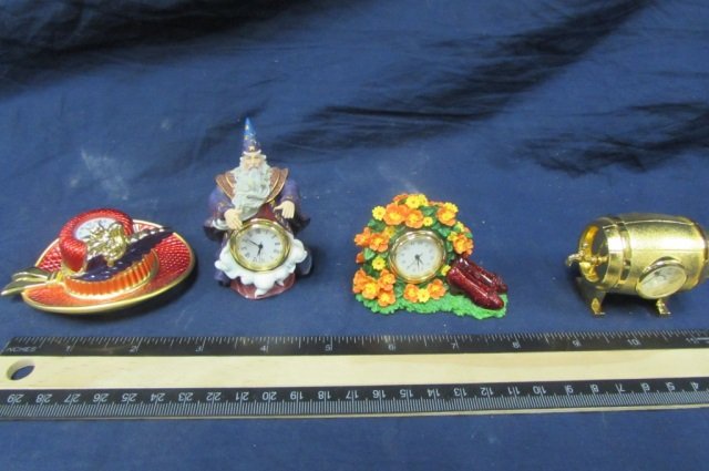 NOVELTY MINI DESK CLOCK (4) GOLD-TONED 2" LONG BEER: GOLD-TONED 2" LONG BEER KEG, 3 WHIMSICAL MINI CLOCKS