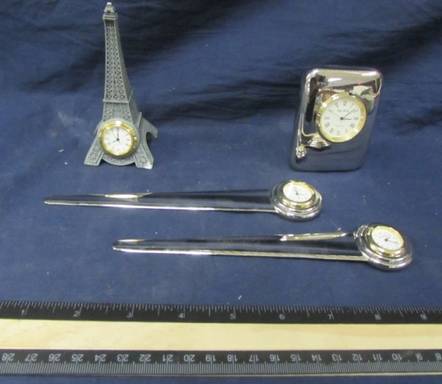 NOVELTY DESK CLOCKS (4) 2 ENVELOPE OPENERS, EIFFEL: 2 ENVELOPE OPENERS, EIFFEL TOWER (SMALL CHIP), ONE SILVER METAL FRAME