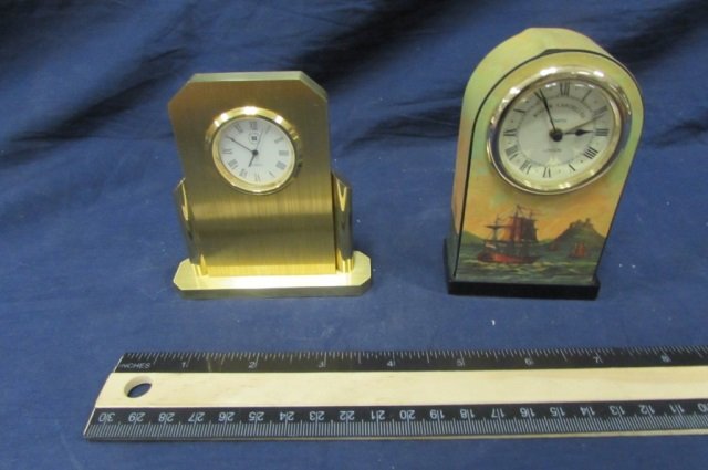 NOVELTY DESK CLOCKS TWO NICE MINI CLOCKS: ONE HEAVY: TWO NICE MINI CLOCKS: ONE HEAVY BRASS CLOCK AND ONE WOOD CASED CLOCK