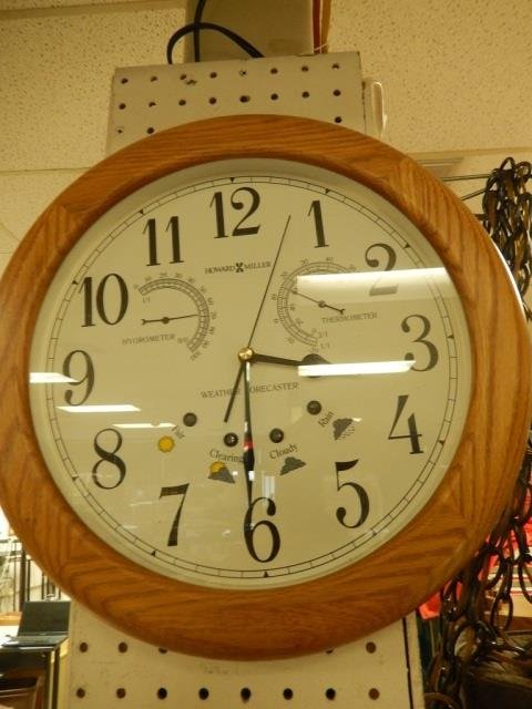 WALL CLOCK/WEATHER FORECASTER BY HOWARD MILLER OAK: OAK FRAME 14" ACROSS
