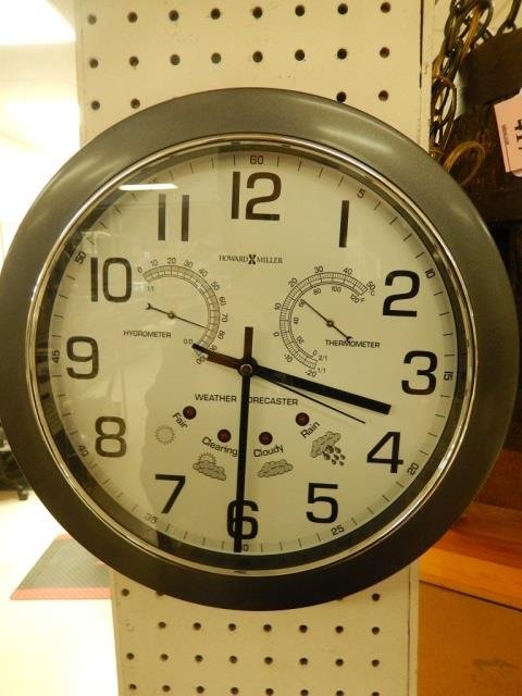 HOWARD MILLER WALL CLOCK/WEATHER FORECASTER GRAY: GRAY PLASTIC FRAME 12" ACROSS