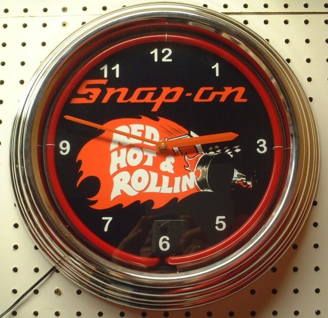 SNAP ON NEON WALL CLOCK RED HOT & ROLLIN' 16" ACROSS: RED HOT & ROLLIN' 16" ACROSS
