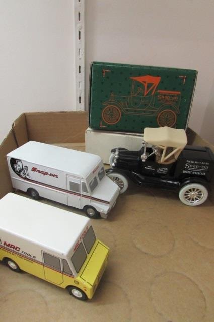 MAC TOOLS & SNAP-ON MINI CAR BANKS (3) SNAP-ON 1920: SNAP-ON 1920 FORD RUNABOUT BANK, AND SNAP-ON BOX TRUCK TOY BANK