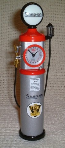 SNAP-ON GAS PUMP BANKS (2) GLOBE LIGHTS WHEN COIN IS: GLOBE LIGHTS WHEN COIN IS INSERTED, CUSTOM SNAP-ON CARTON, SET INCLUDES ISLAND, POLE SIGN, PARTS CLEANER, FOLDING SIGN, ZZZZZ7 TIRE DISPLAY