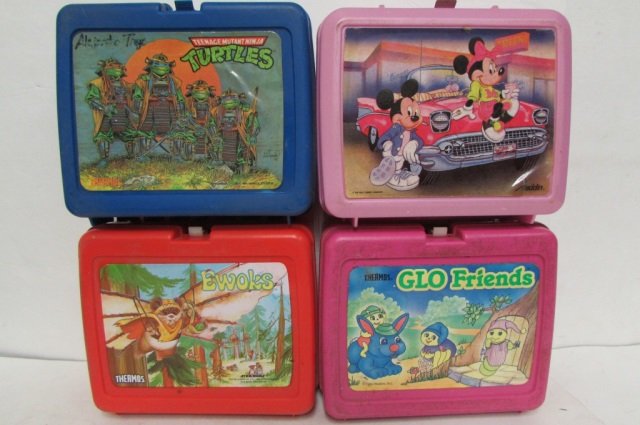 4 VINTAGE PLASTIC LUNCH BOXES 1986 GLO FRIENDS SHOWS: 1986 GLO FRIENDS SHOWS SOME WEAR (NO THERMOS), 1983 EWOKS (NO THERMOS), 1991 TEENAGE MUTANT NINJA TURTLES SHOWS SOME WEAR (NO THERMOS), & MICKEY MOUSE INCLUDESWW THERMOS