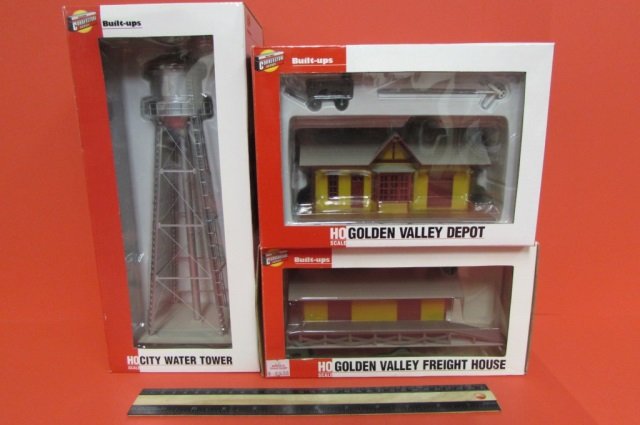 WALTERS BUILT UPS TRAIN MODEL SETS (3) GOLDEN VALLEY: GOLDEN VALLEY FREIGHT HOUSE AND GOLDEN VALLEY DEPOT, AND CITY WATER TOWER