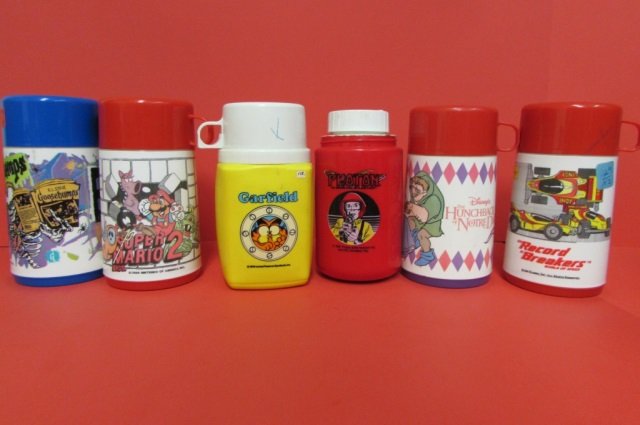 6 VINTAGE PLASTIC THERMOS BOTTLES 1978 GARFIELD, 1995: 1978 GARFIELD, 1995 GOOSEBUMBS, 1989 RECORD BREAKERS, 1989 SUPER MARIO 2, 1987 PHOTON, THE HUNCHBACK OF NORTE DAME
