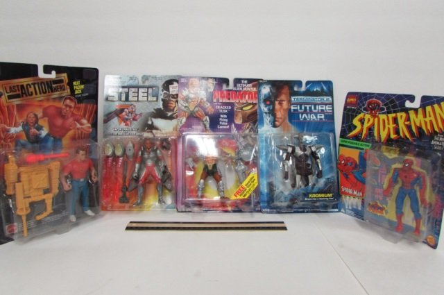 5 VINTAGE COLLECTIBLE ACTION FIGURES ALL ARE IN: ALL ARE IN ORIGINAL PACKAGING, PREDATOR, SPIDER-MAN, TEMINATOR 2, LAST ACTION HERO, & STEEL