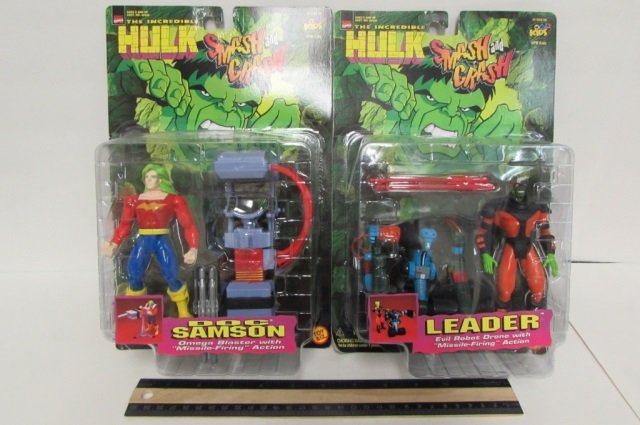THE INCREDIBLE HULK FIGURES (2) BOTH ARE IN ORIGINAL: BOTH ARE IN ORIGINAL PACKAGING, LEADER EVIL ROBOT DRONE WITH "MISSILE-FIRING" ACTION, & DOC SAMSON OMEGA BLASTER WITH "MISSLE-FIRING" ACTION