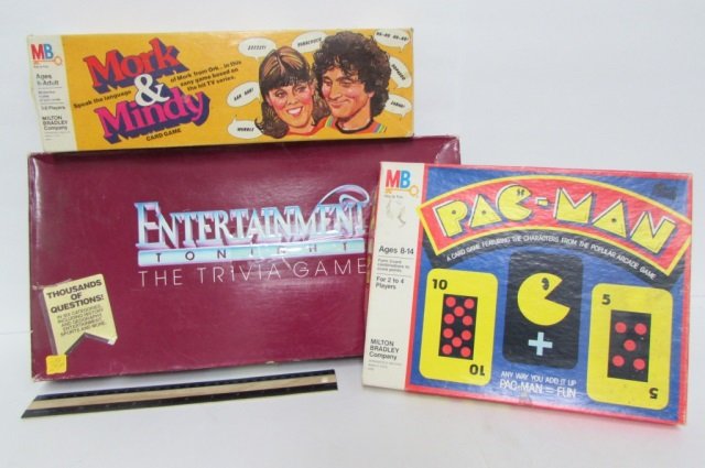 3 VINTAGE CARD & TRIVIA GAMES MORK & MINDY CARD GAME,: MORK & MINDY CARD GAME, PAC-MAN CARD GAME, & ENTERTAINMENT TONIGHT THE TRIVEA GAME