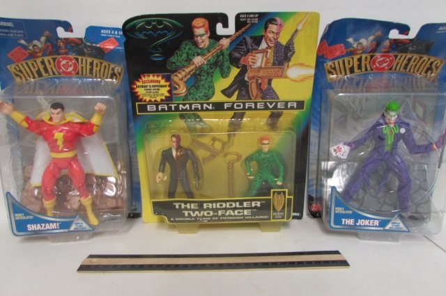 SUPER HEROES & BATMAN FIGURES (3) ALL ARE IN ORIGINAL: ALL ARE IN ORIGINAL PACKAGING SUPER HEROES-THE JOKER, SHAZAM & BATMAN FOREVER THE RIDDLER TWO-FACE FIGURES