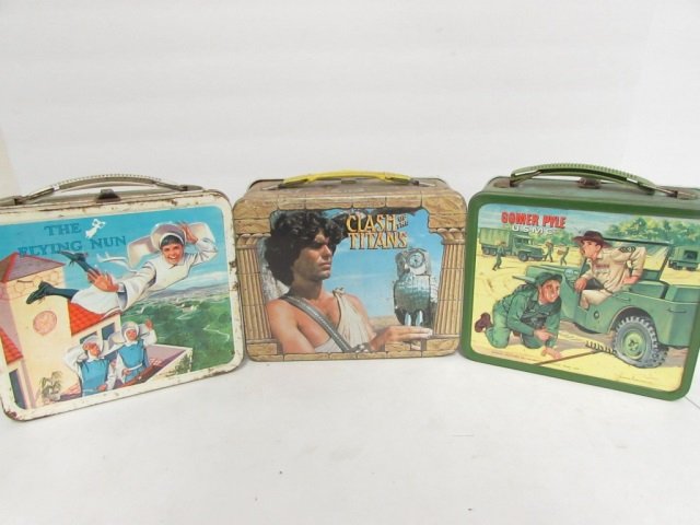 3 VINTAGE STEEL LUNCH BOXES GOMER PYLE USMC, 1980 CLASH: GOMER PYLE USMC, 1980 CLASH OF THE TITANS, & 1968 THE FLYING NUN