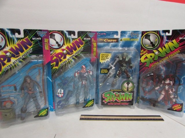 TODD MCFARLANE'S SPAWN FIGURES (4) ALL ARE IN ORIGINAL: ALL ARE IN ORIGINAL PACKAGING, SUPERPATRIOT, WIDOW MAKER, THE CURSE, & THE FREAK FIGURES