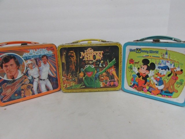 3 VINTAGE STEEL LUNCH BOXES THE MUPPET SHOW, 1979 BUCK: THE MUPPET SHOW, 1979 BUCK ROGERS, & WALT DISNEY WORLD LUNCH BOX INCLUDES THERMOS