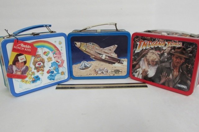3 VINTAGE STEEL LUNCH BOXES 1973 UFO, CARE BEARS: 1973 UFO, CARE BEARS (THERMOS INCLUDED), & 1984 INDIANA JONES (THERMOS INCLUDED)