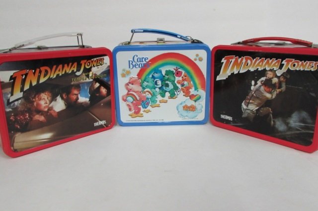 3 VINTAGE STEEL LUNCH BOXES (2) 1984 INDIANA JONES: (2) 1984 INDIANA JONES (THERMOS INCLUDED) & CARE BEARS (THERMOS INCLUDED)
