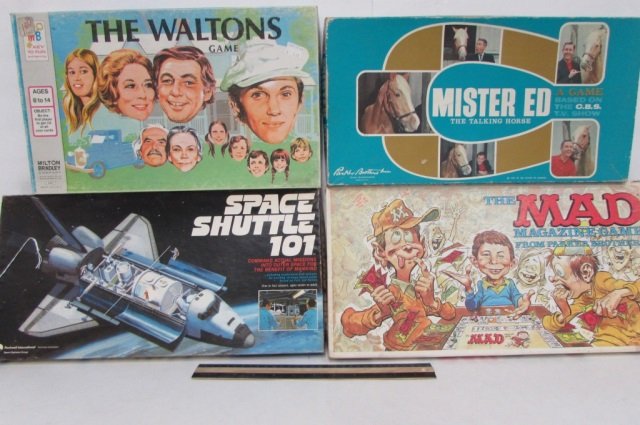 4 VINTAGE BOARD GAMES SPACE SHUTTLE 101, THE MAD: SPACE SHUTTLE 101, THE MAD MAGAZINE GAME, THE WALTONS GAME, & MISTER ED GAME