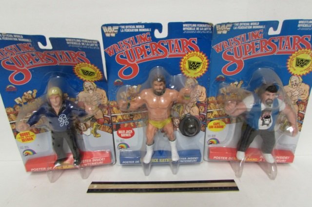 1985 WRESTLING SUPERSTARS (3) ALL ARE IN ORIGINAL: ALL ARE IN ORIGINAL PACKAGING, BELLY JACK HAYNESS, CAPT. LOU ALBANO, & BOBBY THE BRAIN FIGURES